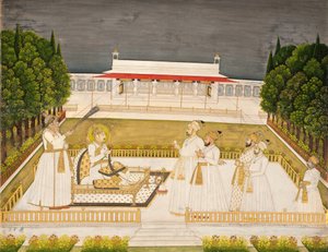 穆罕默德·沙阿（Muhammad Shah）晚上与他的军官在露台上登基，第1735页（纸上不透明的黄金和黄金） 作者 Jharokha Nidha Mal